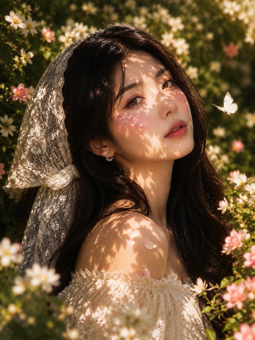 Close-up portrait of a woman with long dark hair in a cream lace headscarf, surrounded by pink and white flowers in golden hour sunlight.