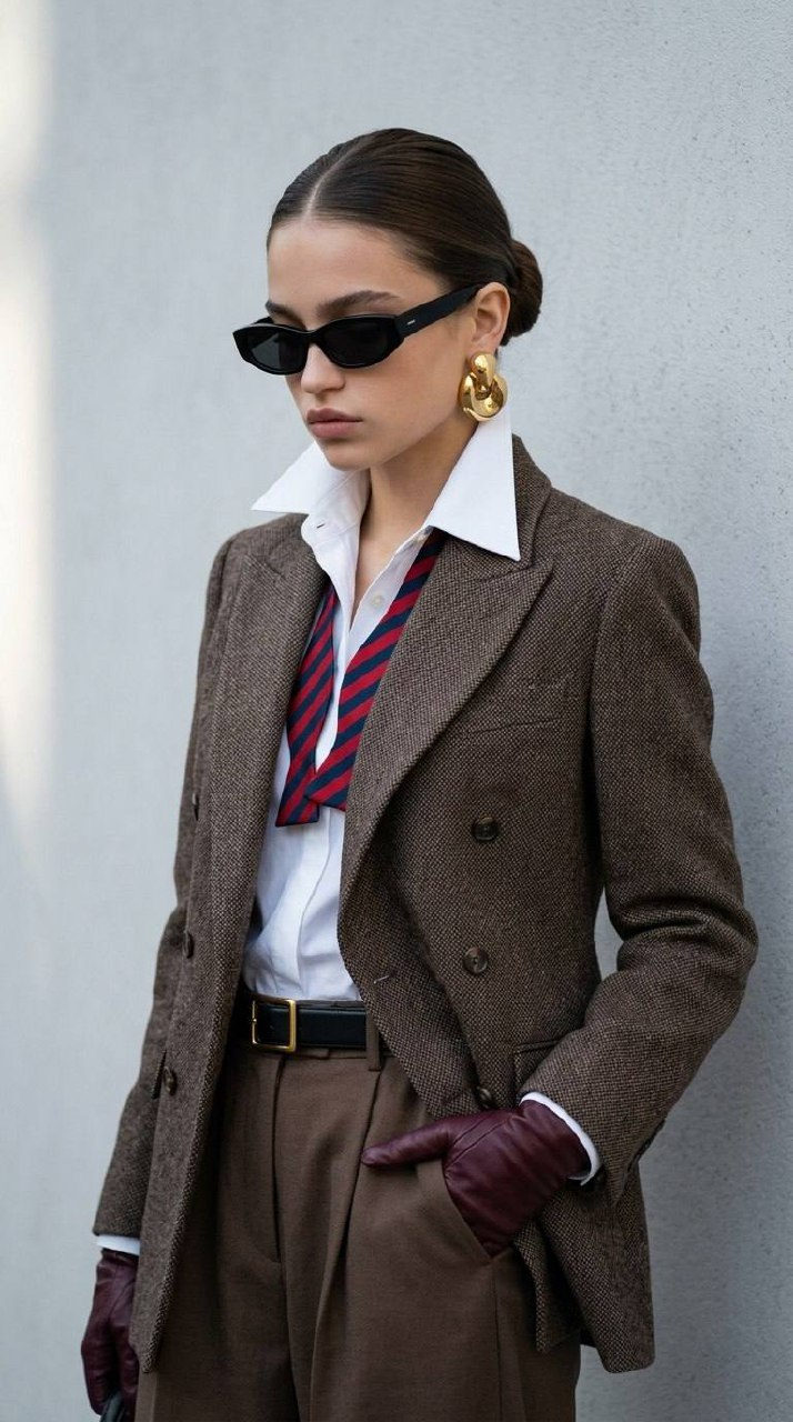 Elegant Woman Tweed Jacket Burgundy Gloves Gold Earrings