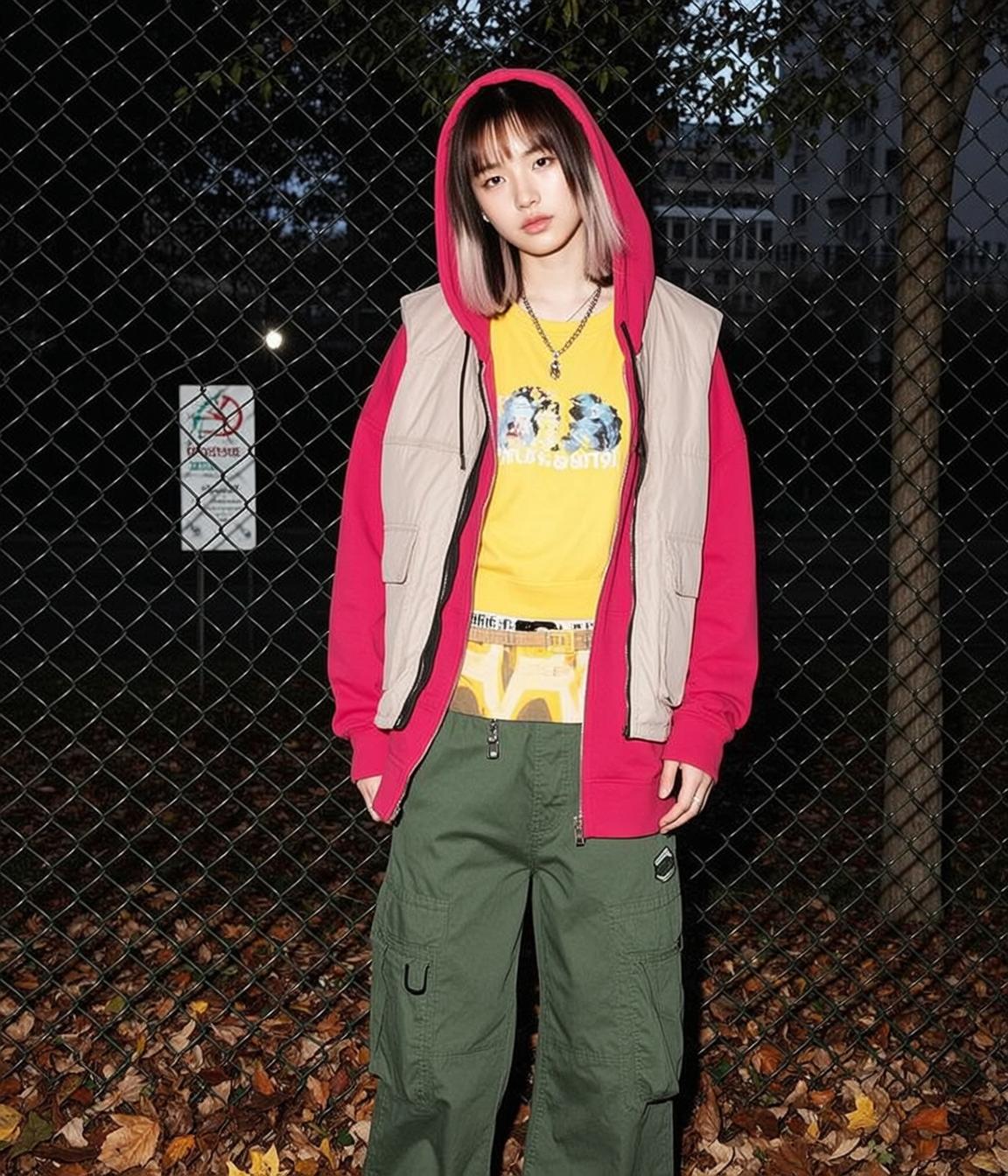 Yellow Tee Cargo Pants Fence reference photo