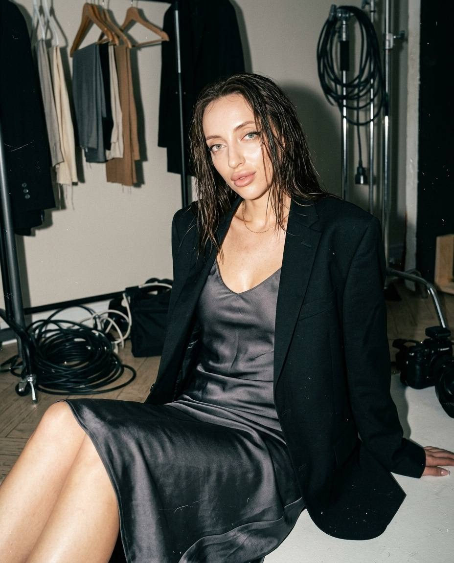 Backstage Model Portrait Dark Gray Silk Dress