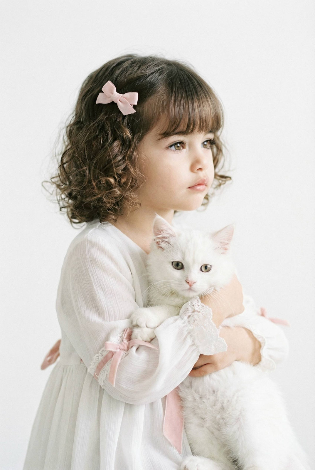 Girl White Cat Studio Portrait