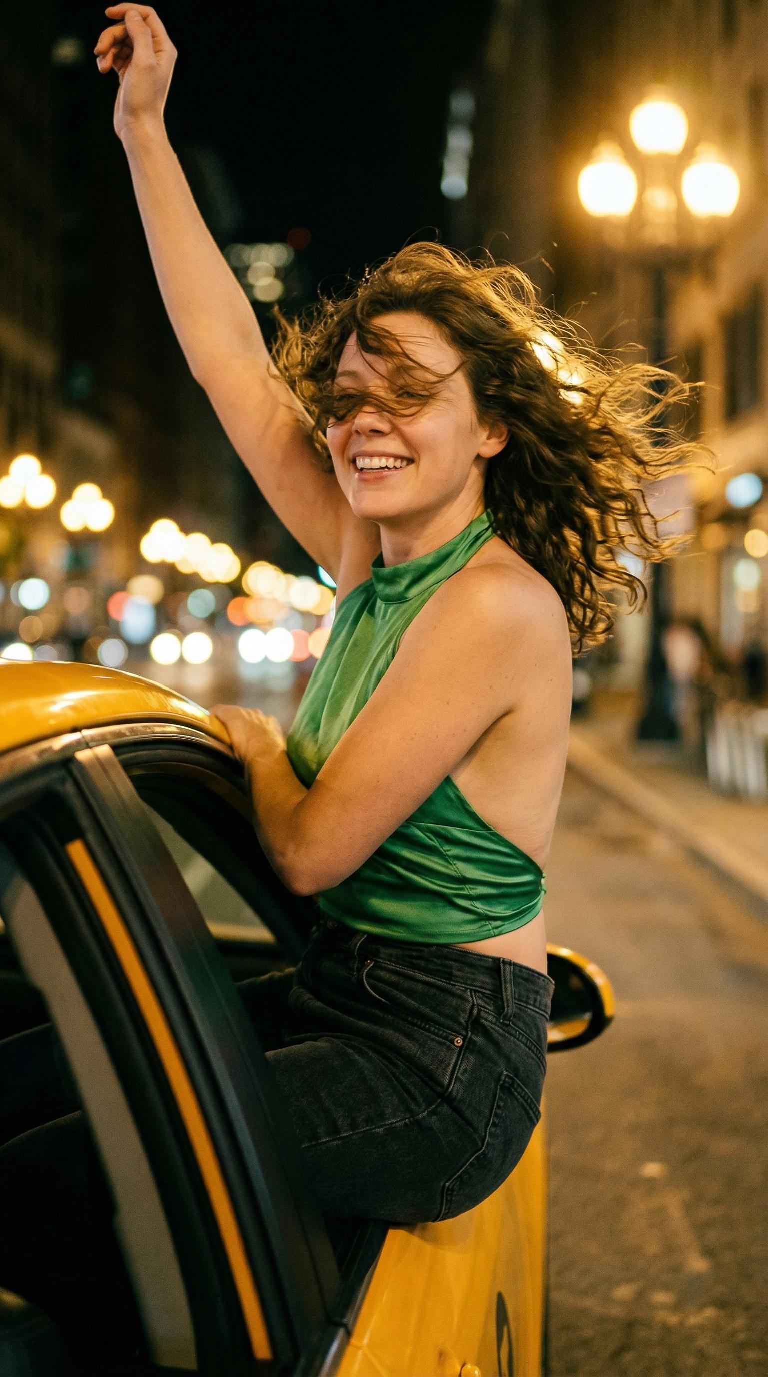 Yellow Taxi Window Night Hair Blowing