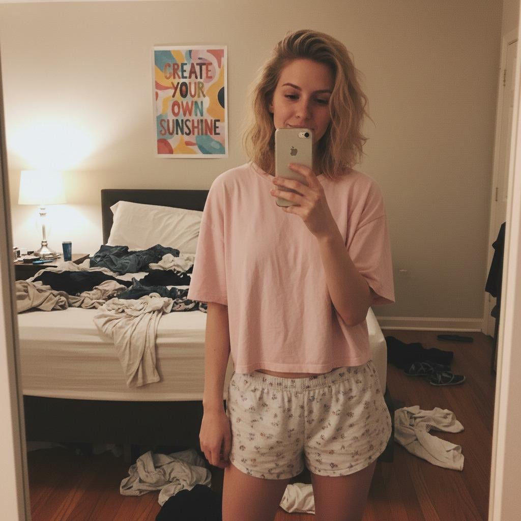 Bedroom Selfie Pale Pink T Shirt Floral Shorts Mirror