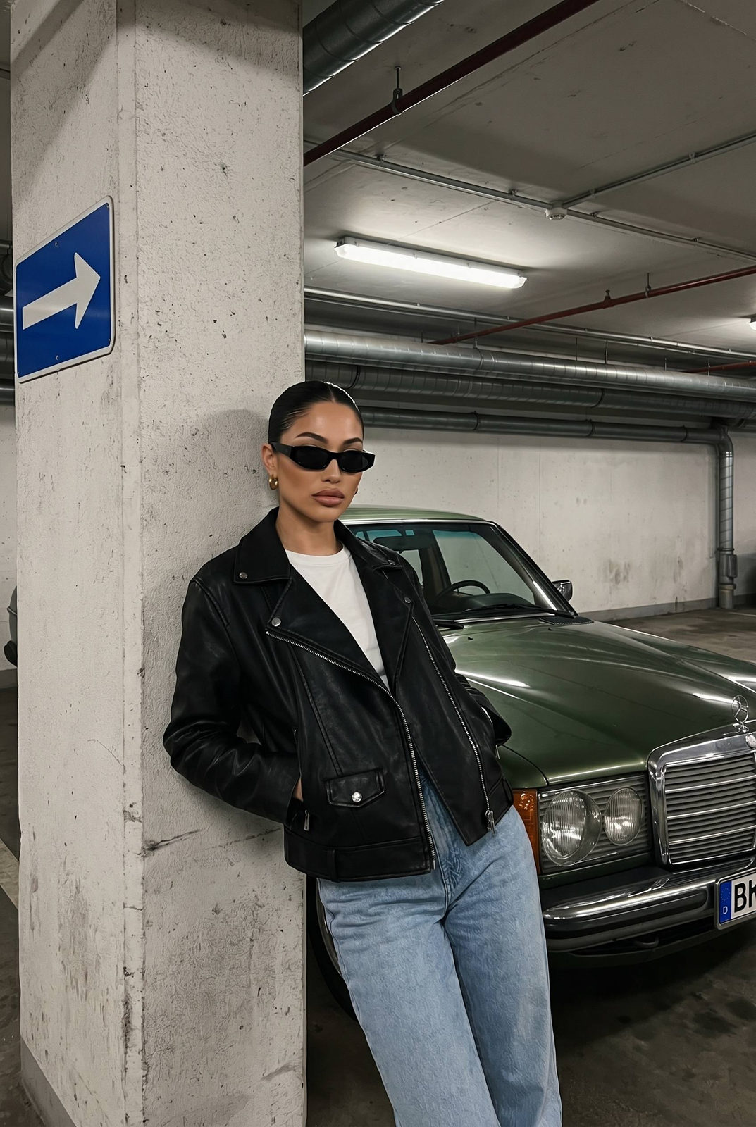 Leather Jacket Concrete Pillar Vintage Mercedes Garage