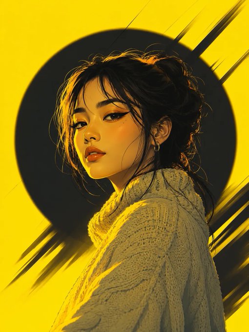 A portrait featuring a person in a cream cable-knit turtleneck, over shoulder, with a vibrant yellow background and black halo.