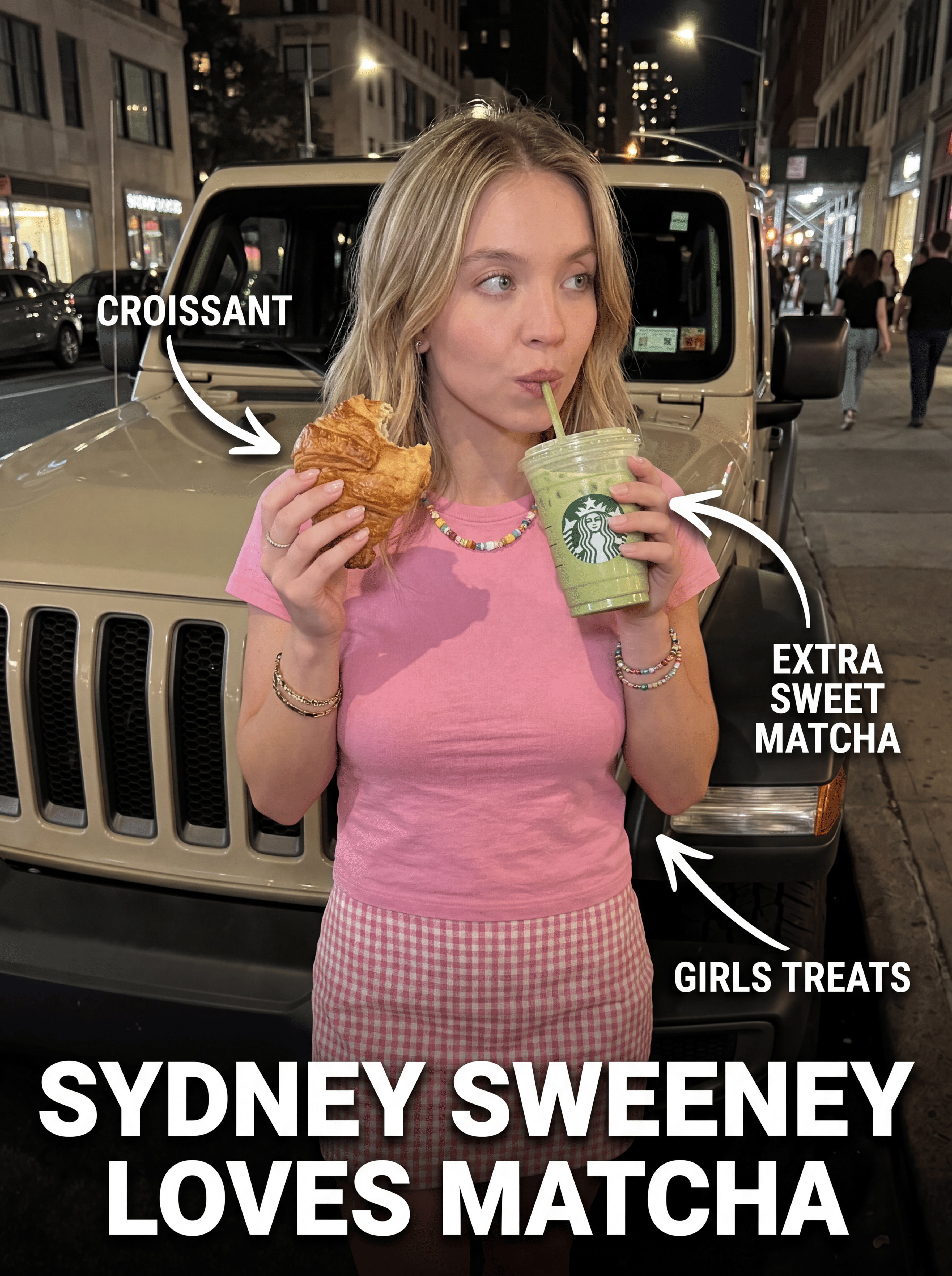 A woman in a pink outfit holding a matcha latte beside a beige Jeep Wrangler on a city street at night.