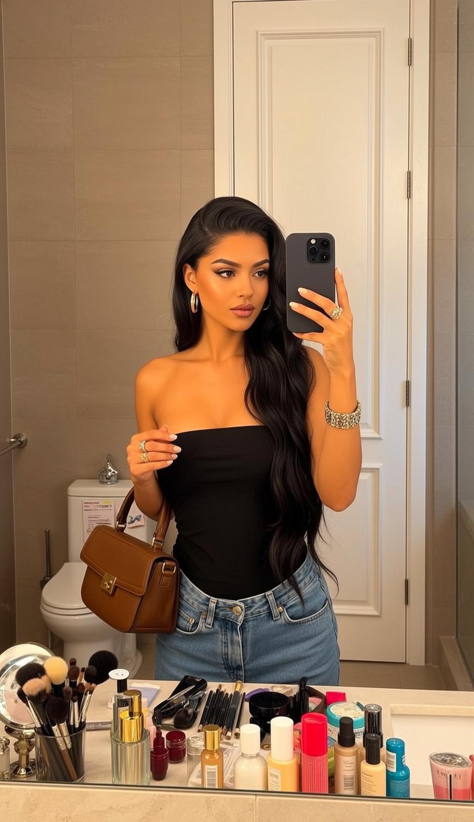 Explore Stands Bathroom Holding Smartphone Her Right reference photo