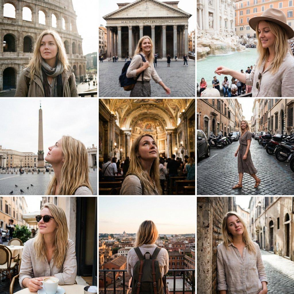A beautiful woman standing casually in front of the Colosseum, looking away.