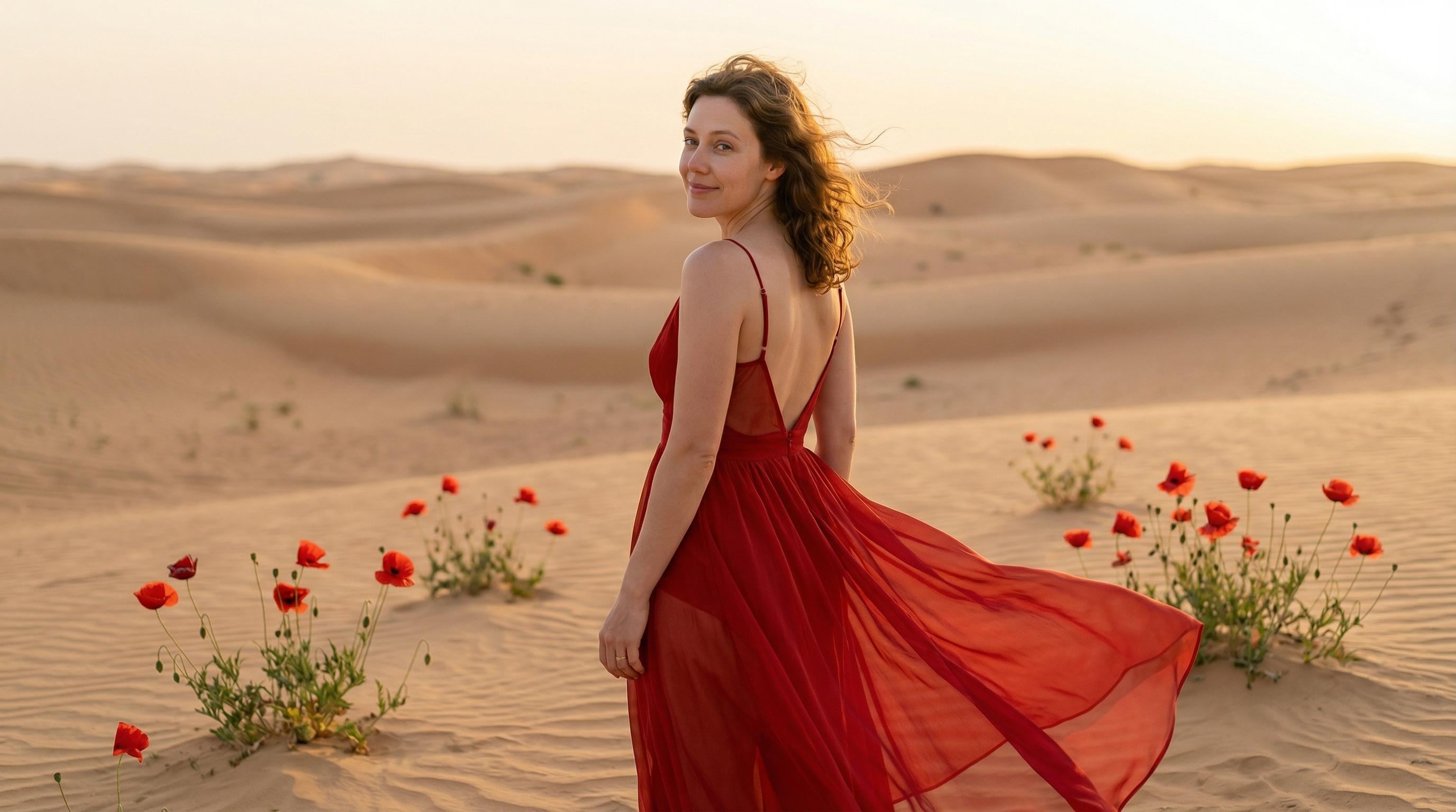 Red Dress Desert Poppies Windblown