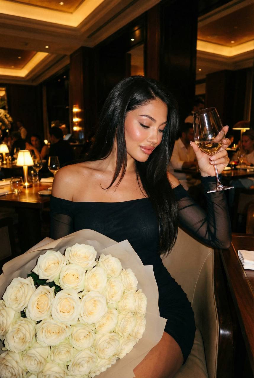 Woman Elegant Restaurant Cinematic Lighting Roses