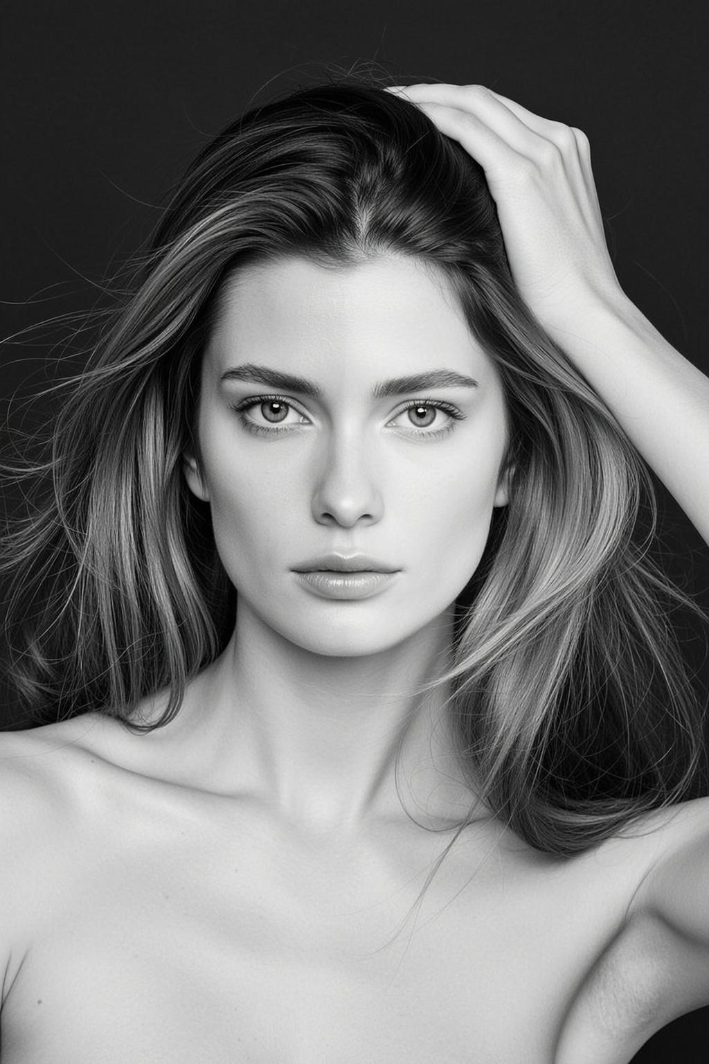 Black And White Medium Close-up Portrait Young Woman With Fair reference photo