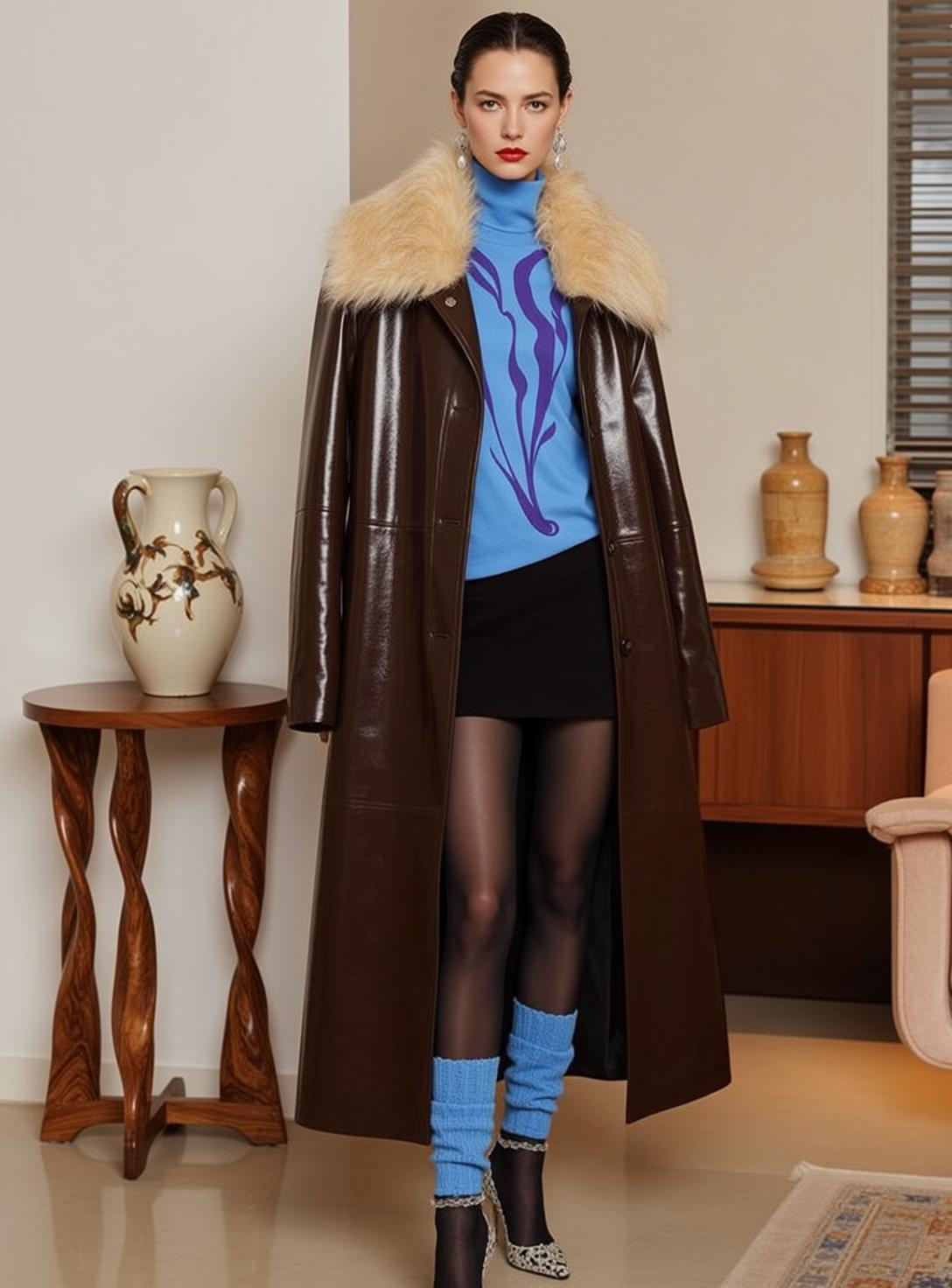 Blue Turtleneck Black Skirt Fur Coat Studio reference photo