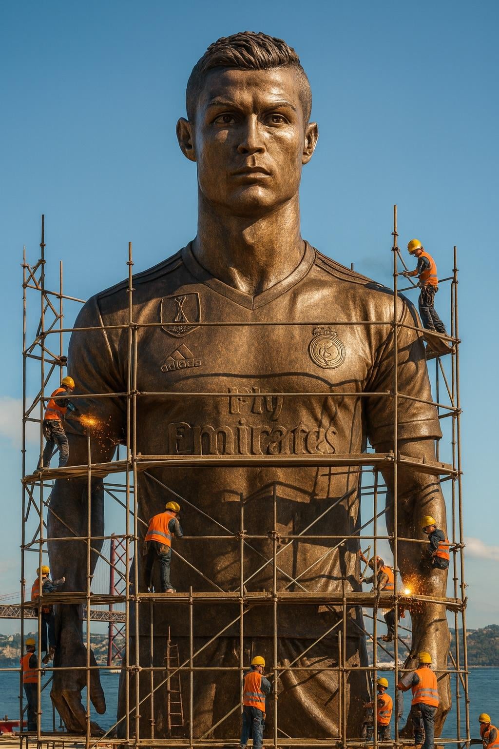 A giant bronze statue under construction in a city landmark, surrounded by scaffolding and construction workers in safety gear.