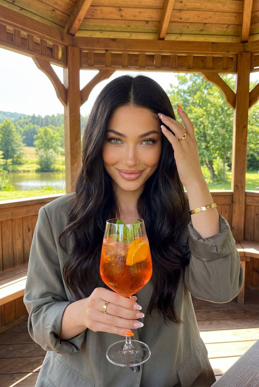 Woman in a gazebo holding an Aperol Spritz, smiling warmly while wearing a grey-khaki blazer.