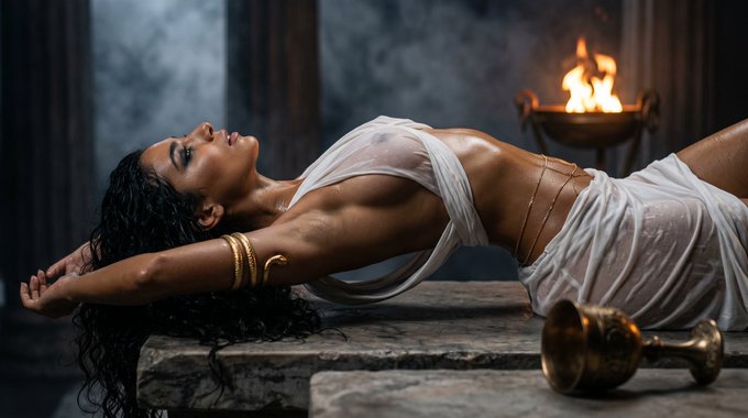 A woman lying supine on stone, draped in a sheer wet garment, with a gold goblet nearby.