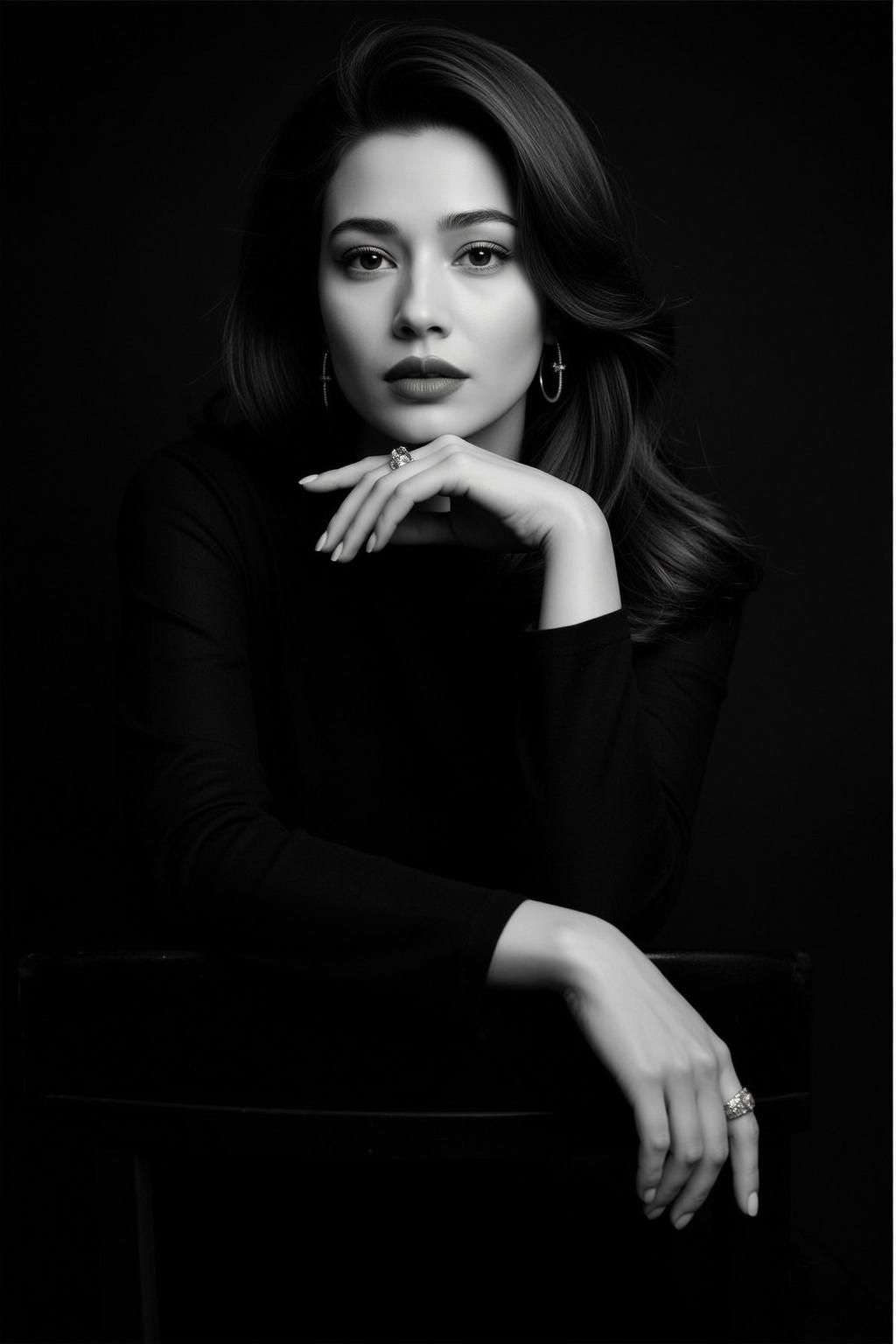 Medium Shot Black And White Photorealistic Portrait Young Woman With reference photo