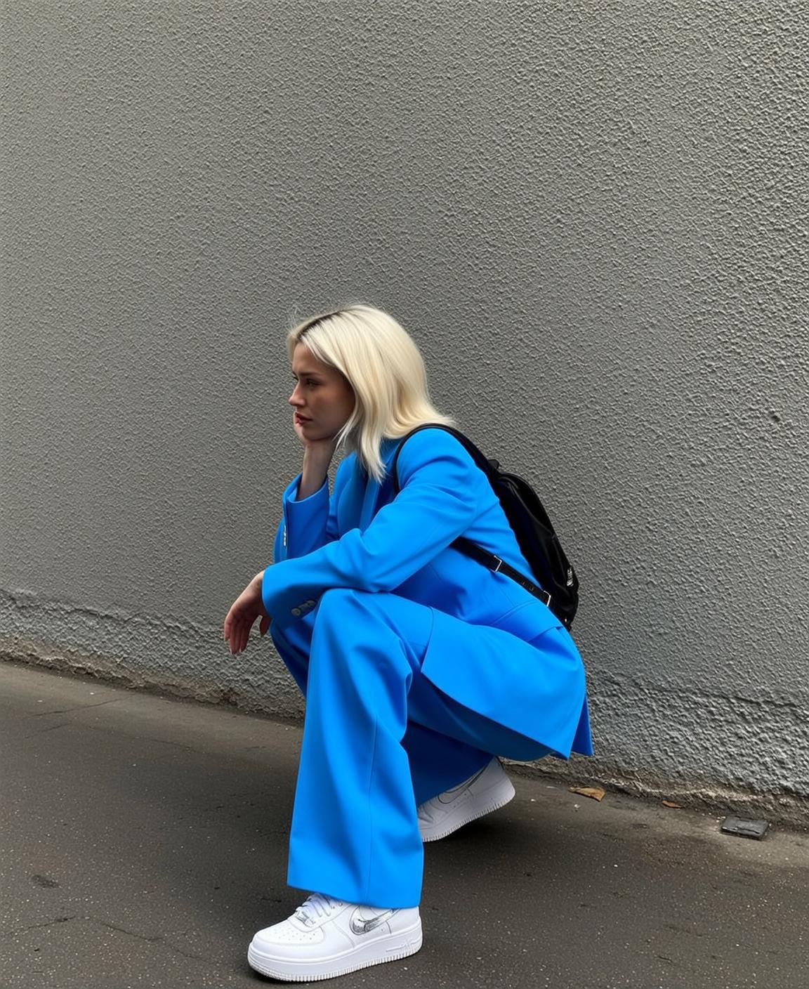 Electric Blue Suit Woman Crouched Low Backpack reference photo