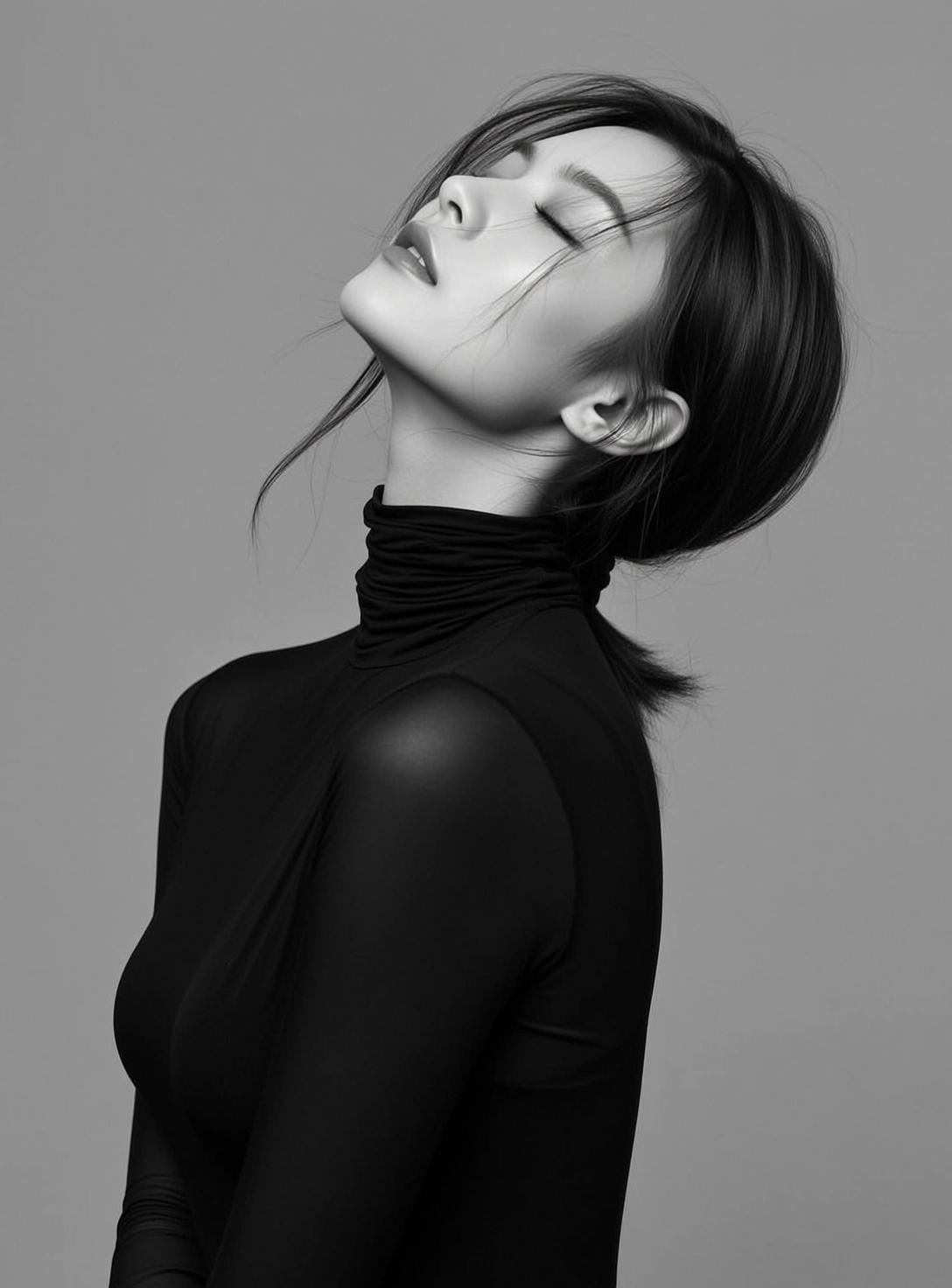 Photorealistic Black And White Portrait Shows Young Woman With Her reference photo