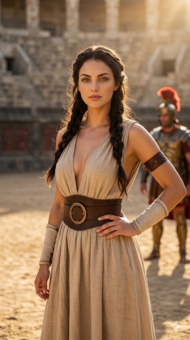 A confident woman in a three-quarter pose with a Roman amphitheater background lit by warm golden hour light.