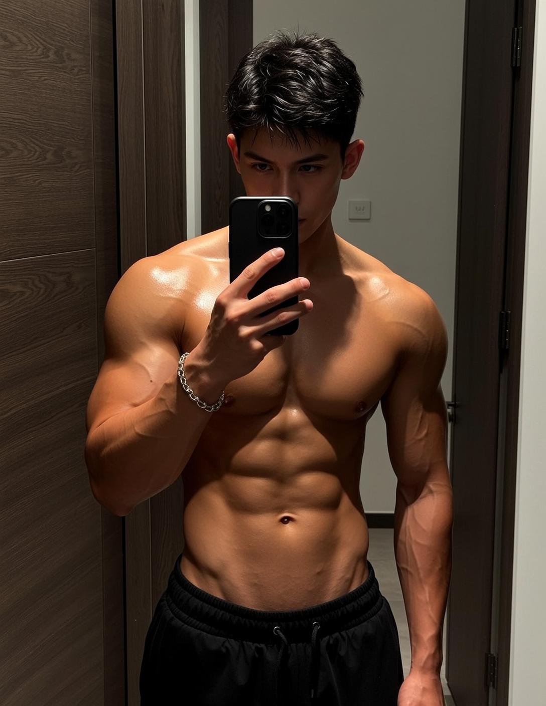 Muscular Short Black Hair Tan Skin Sweatpants reference photo