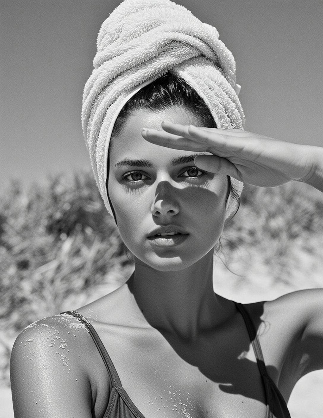 Black And White Medium Shot Portrait Young Woman With Dark reference photo