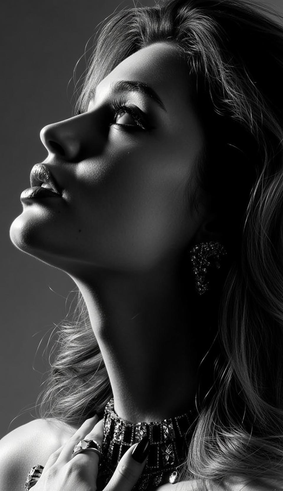 Black And White Medium Shot Portrait Woman Looking Upwards Her reference photo