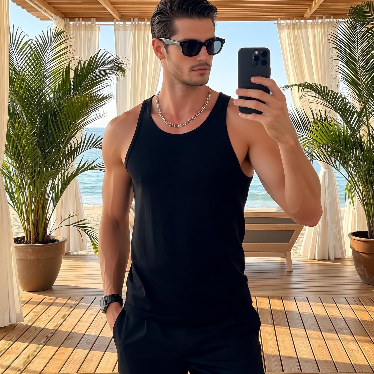 Man Taking Selfie Black Tank Top Silver Chain reference photo