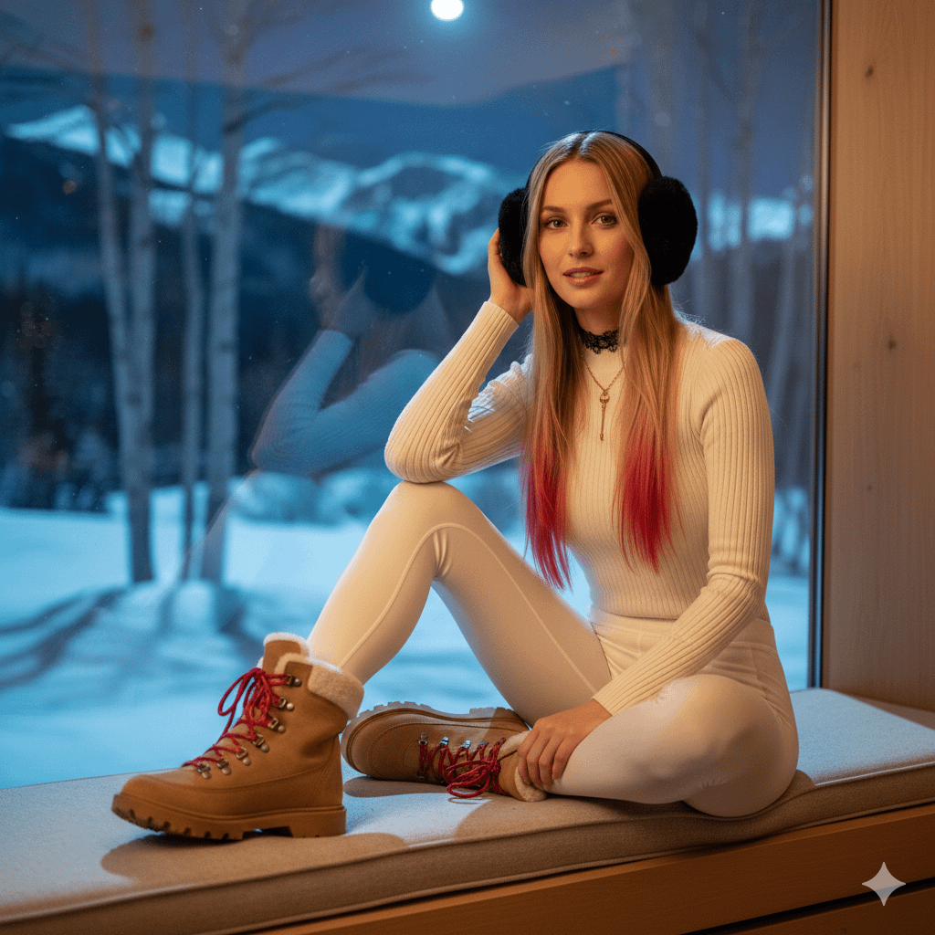 Elegant Winter Model On Window Sill In Knit Bodysuit reference photo