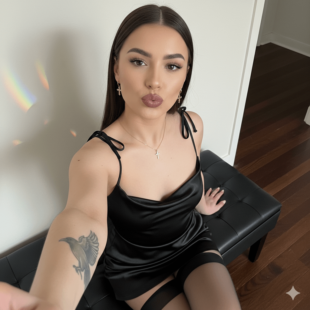 A woman with long dark brown hair in a black mini dress posing for a high-angle selfie, wearing a gold cross necklace and showcasing a tattoo.