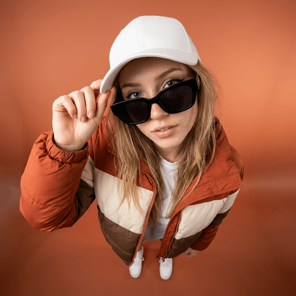 A person wearing a puffer jacket, white cap, and black sunglasses, shot from a fisheye high angle. Bright orange gradient background.