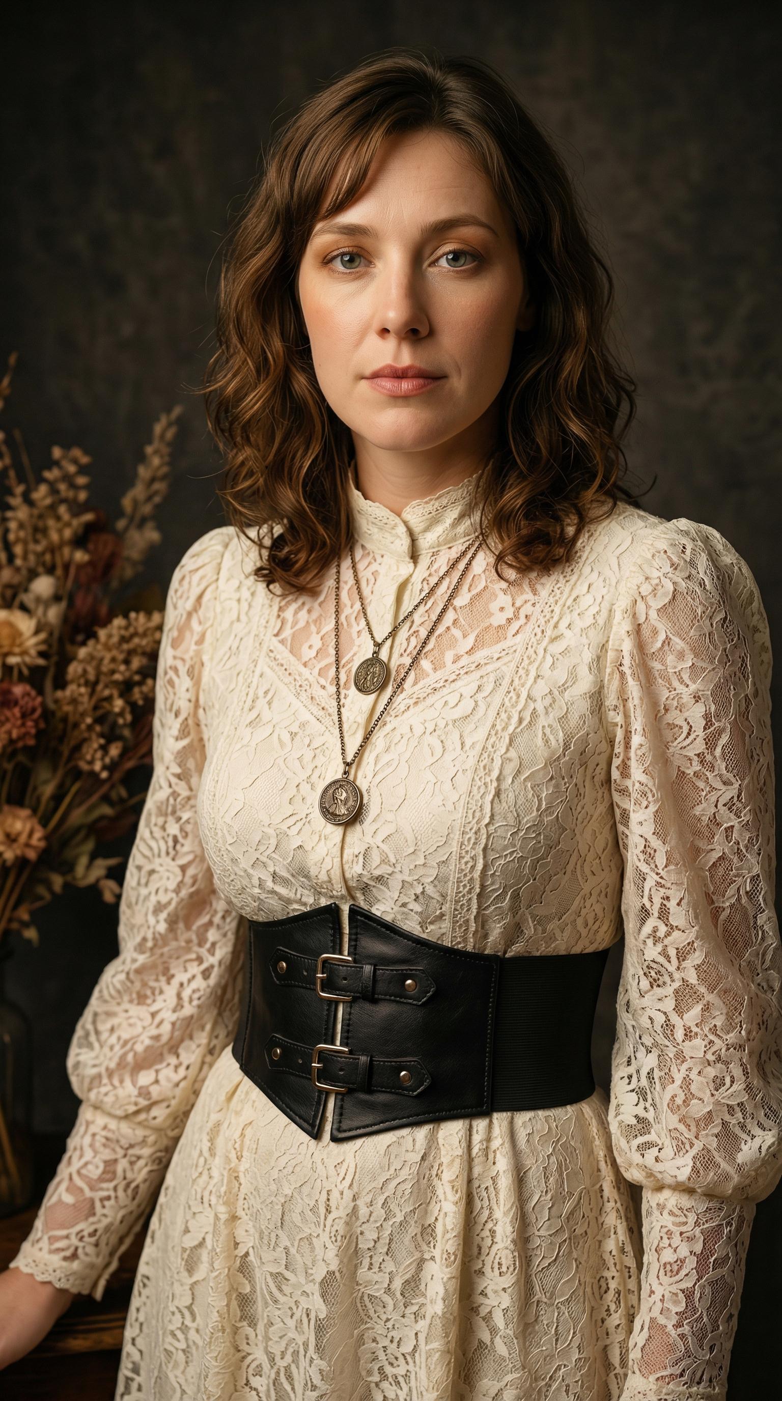 Victorian Boho Woman Lace Dress Confident Pose