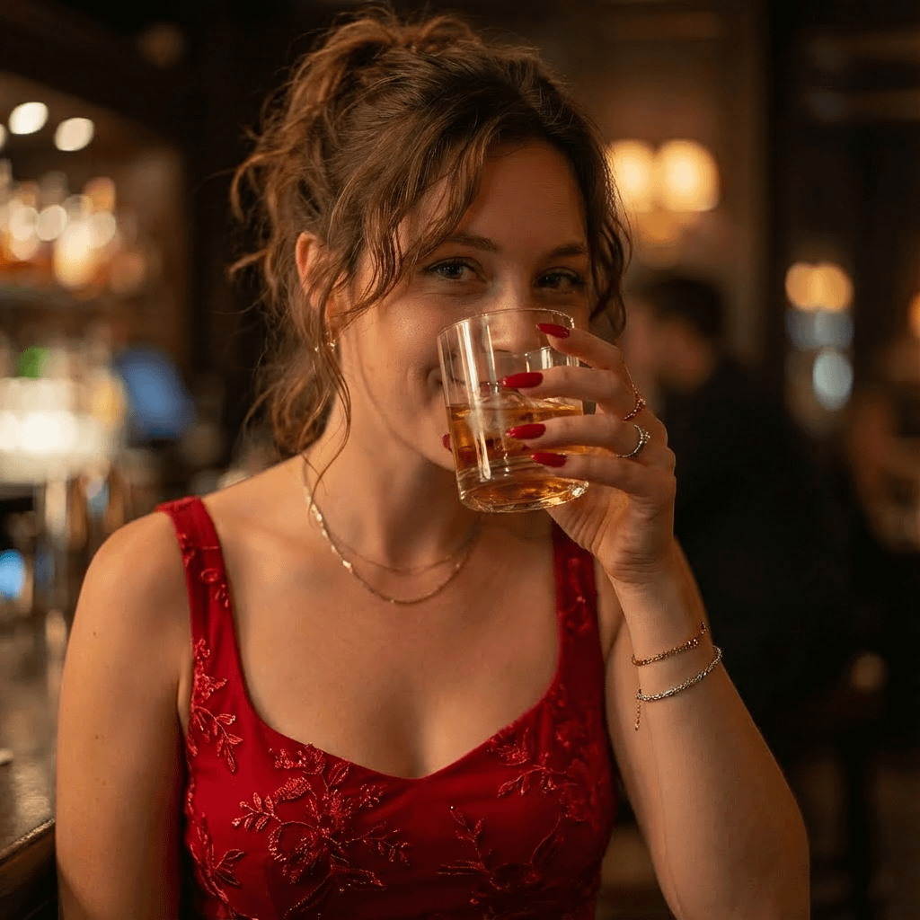 A woman in a short red dress raising a glass of whiskey, partially obscured, in a dimly lit luxury bar.