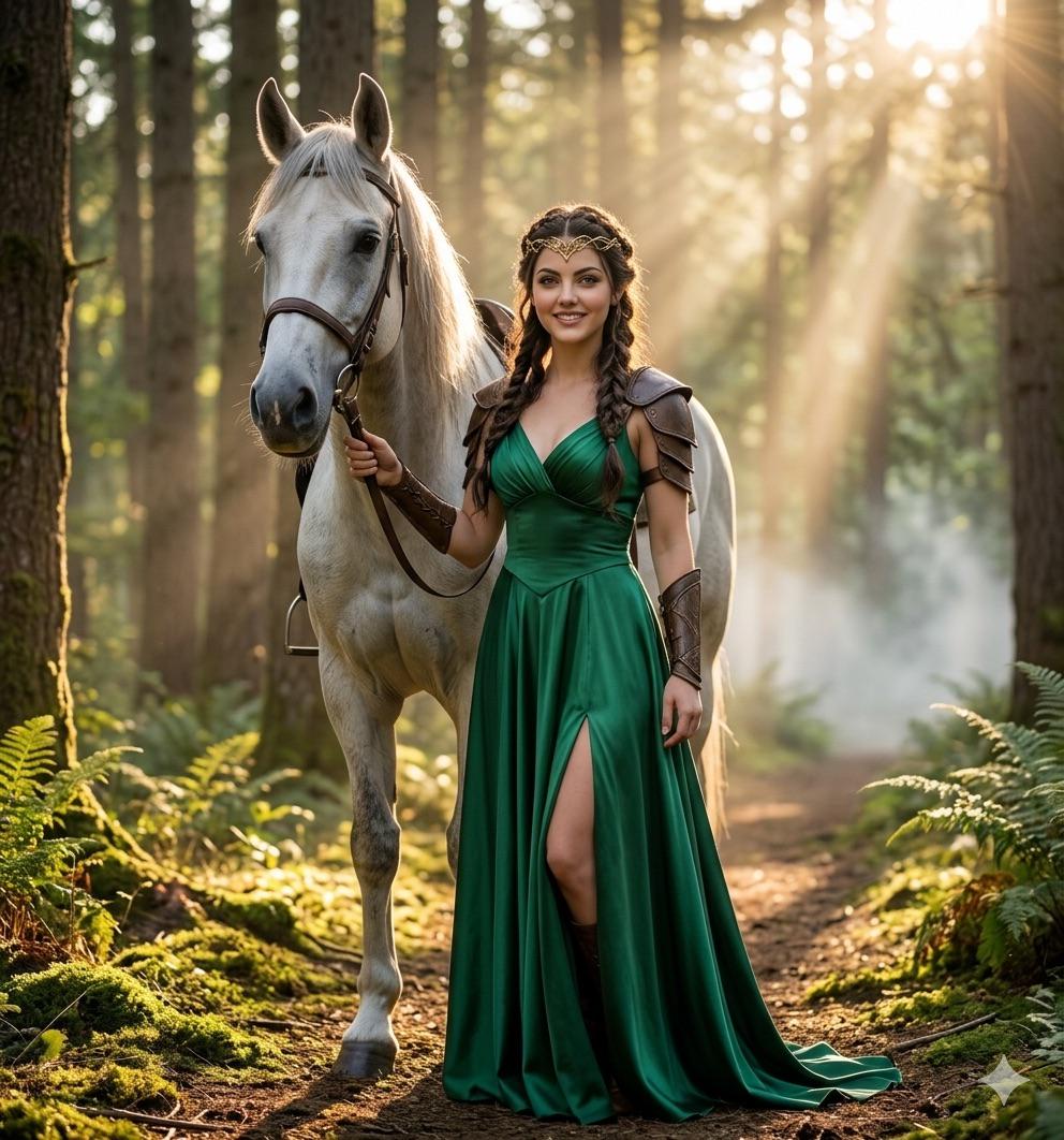 A tall heroine in an emerald gown with leather armor beside a pale horse on a sun-dappled forest path, golden-hour light filtering through trees.