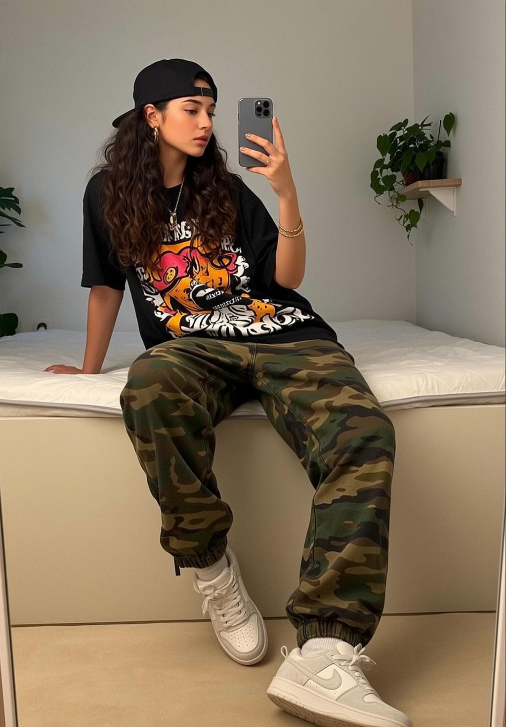 Girl In Bedroom Taking Selfie Black Cap reference photo