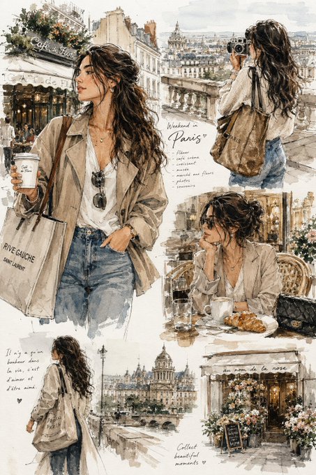 A watercolor collage featuring a woman in a beige trench coat walking with a Saint Laurent tote bag in Paris.