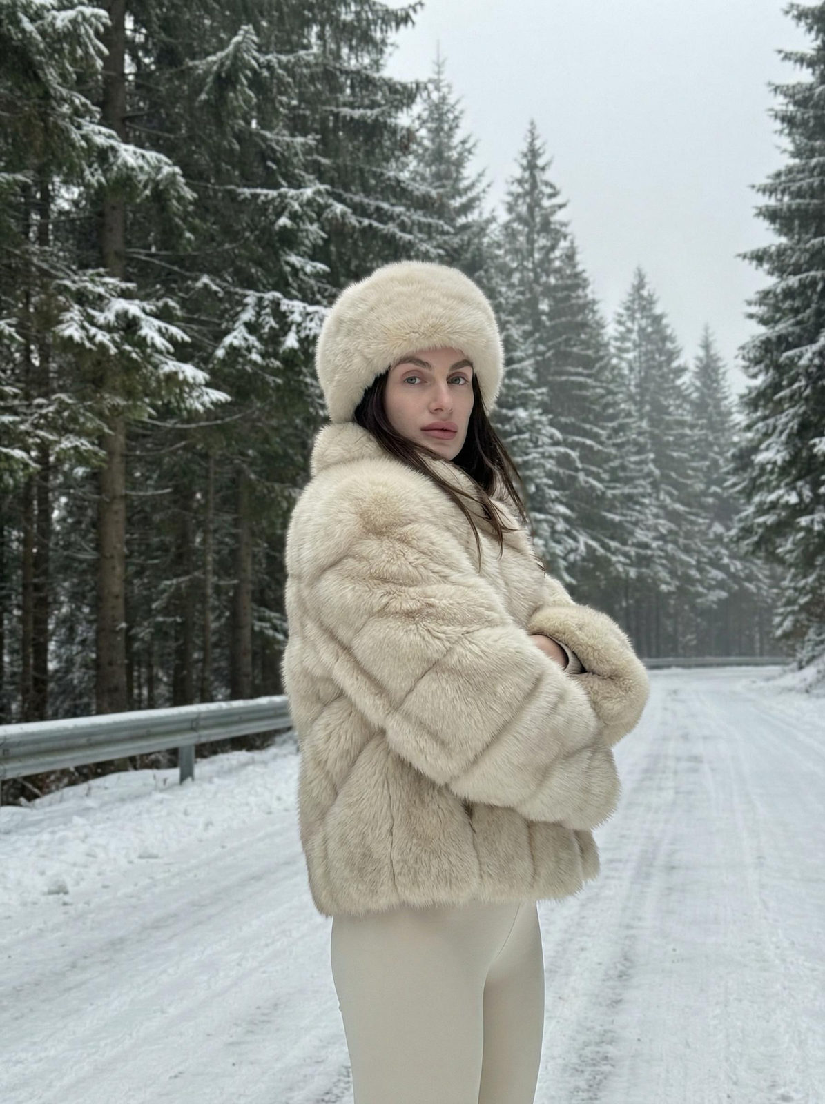 Realistic Woman Snowy Pine Forest Road