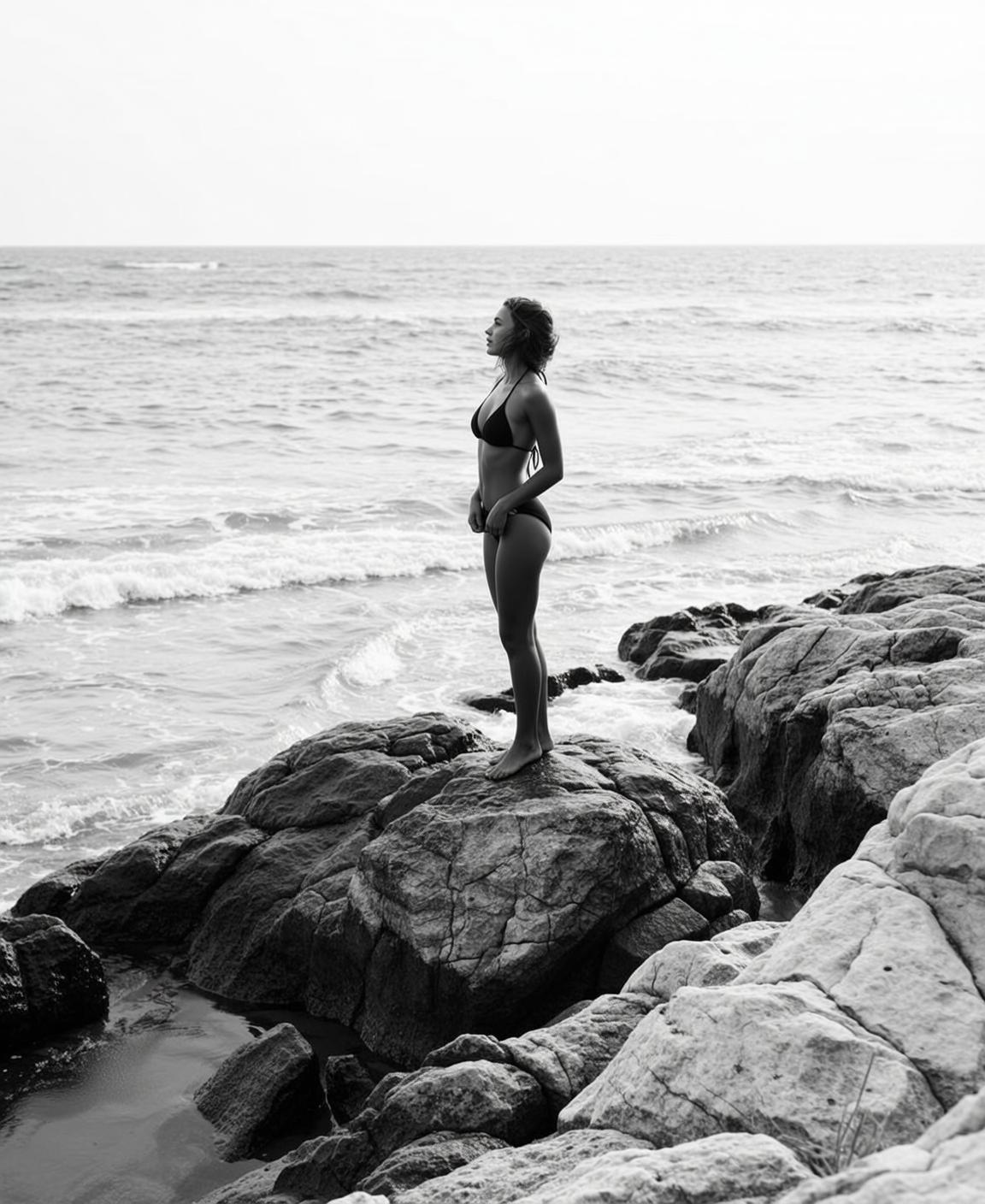 Full-body Vertical Black And White Photograph Captures Woman Standing Rocky reference photo