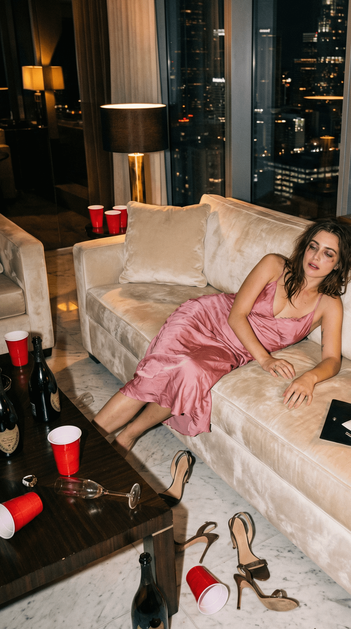 Elegant Woman Rose Pink Satin Dress Velvet Sofa Night