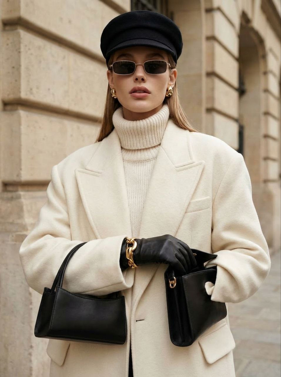 Street Fashion Woman Ivory Coat Stone Building Waist Up