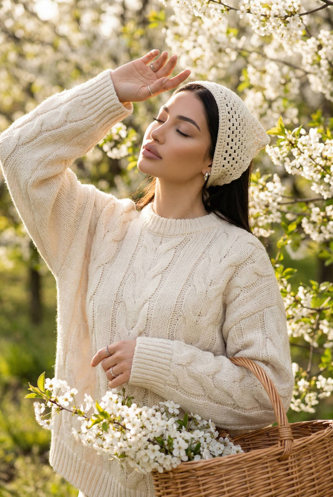 Spring Orchard Woman Cream Sweater Sunlight Pose