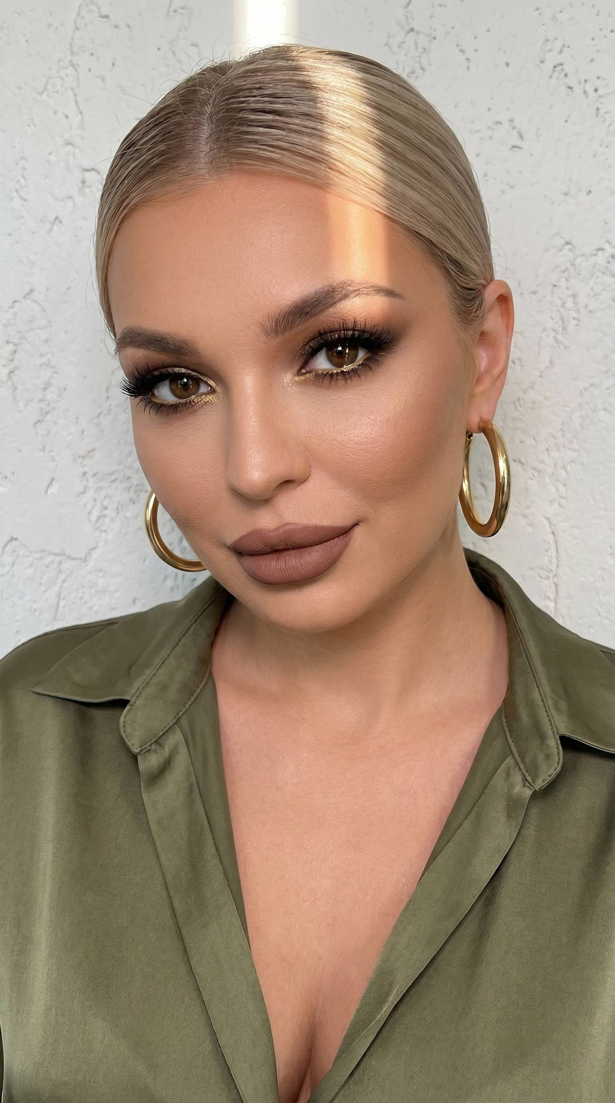 Olive Silk Shirt Gold Earrings Sunlit Face