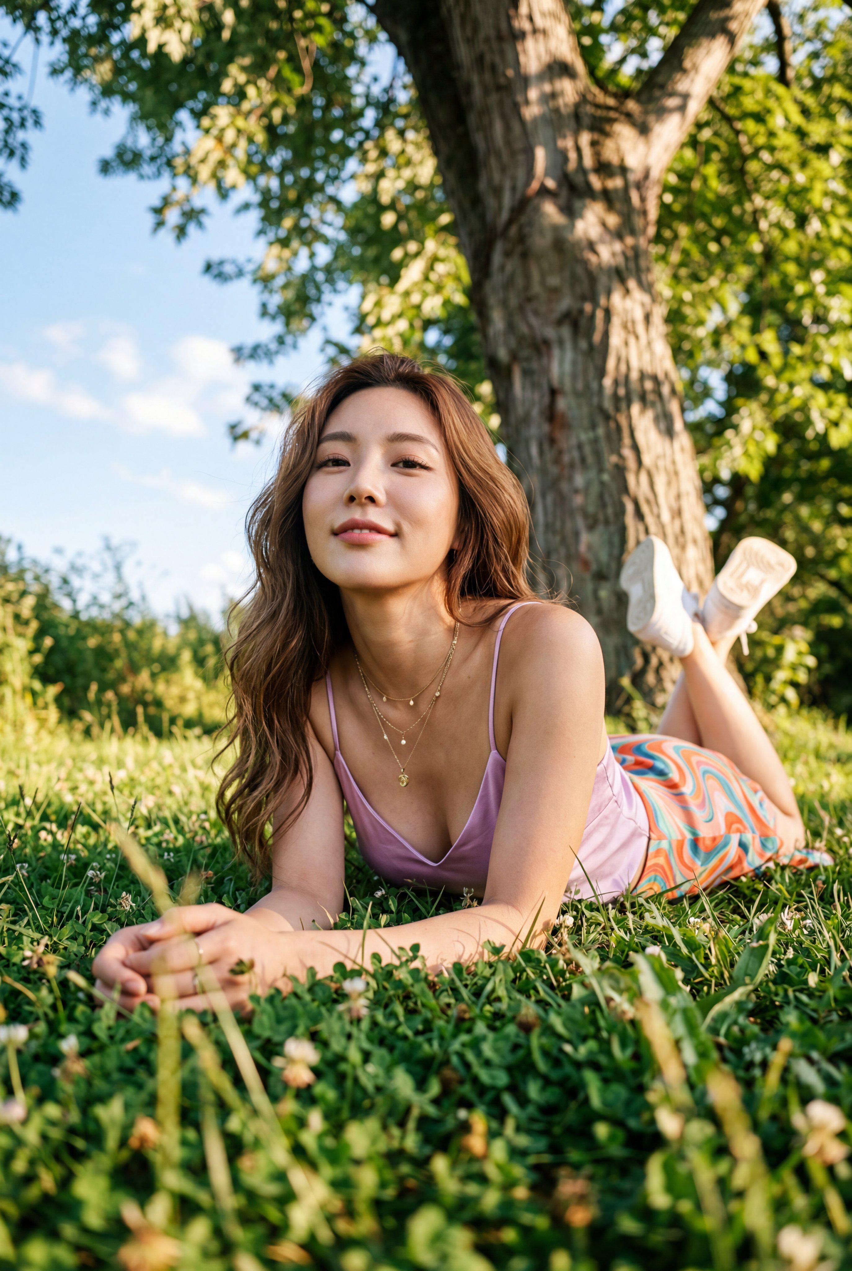 A woman wearing a lavender satin camisole lying on green grass with sunlight filtering through trees.