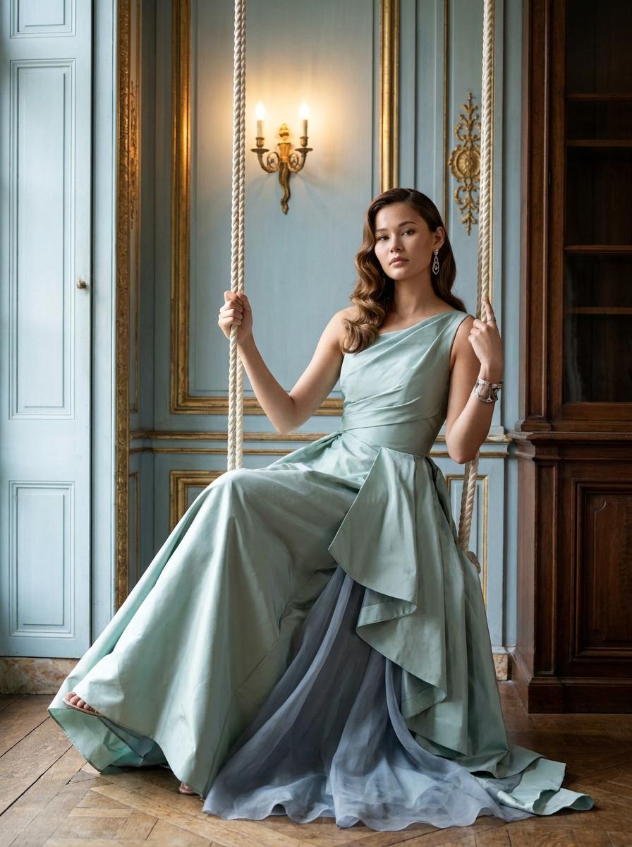 A woman in a muted celadon couture gown seated in a suspended swing chair, surrounded by elegant interior details and soft lighting.