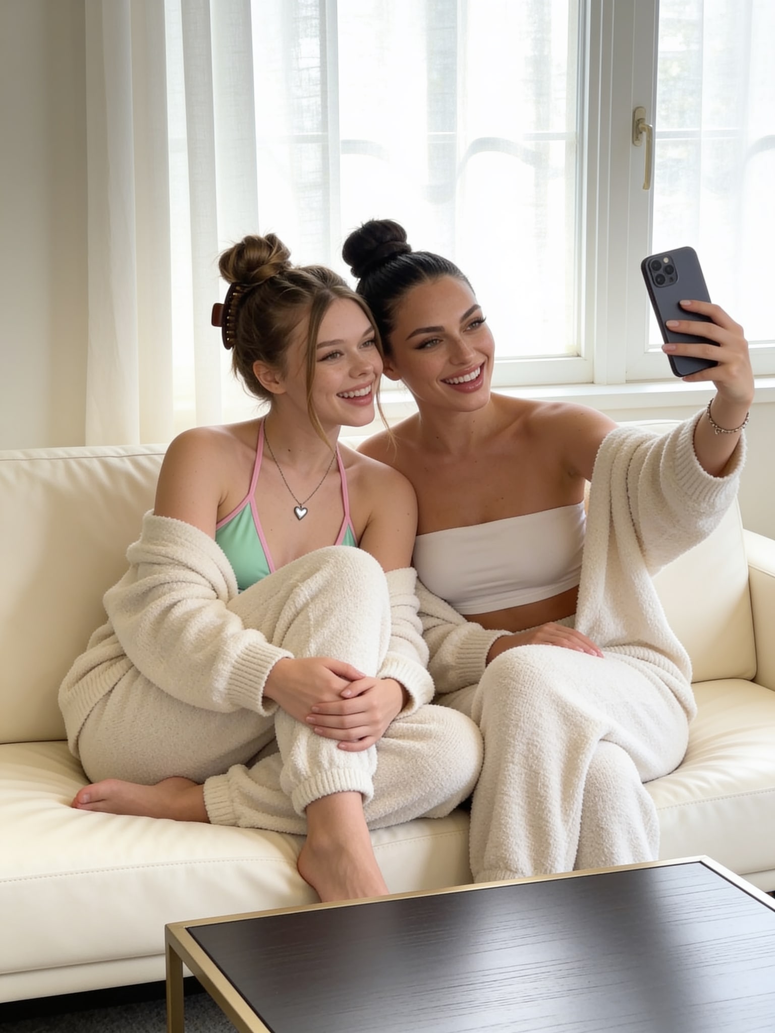 Photorealistic daytime selfie of Mila and Lily sitting on a cream sofa, laughing and editing photos.