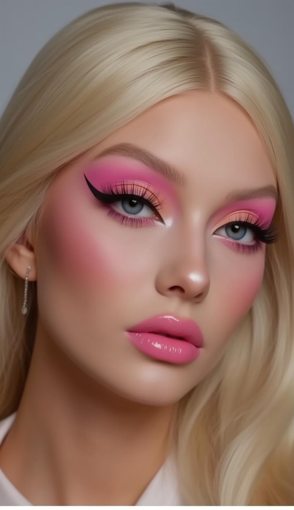 Barbiecore Close-up Shows Her Head Slightly Tilted reference photo