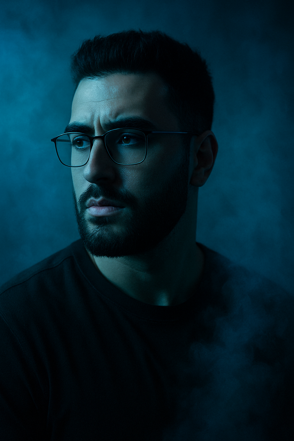 Portrait of a face partially obscured by deep blue fog, illuminated by soft spotlight for a dreamlike effect.