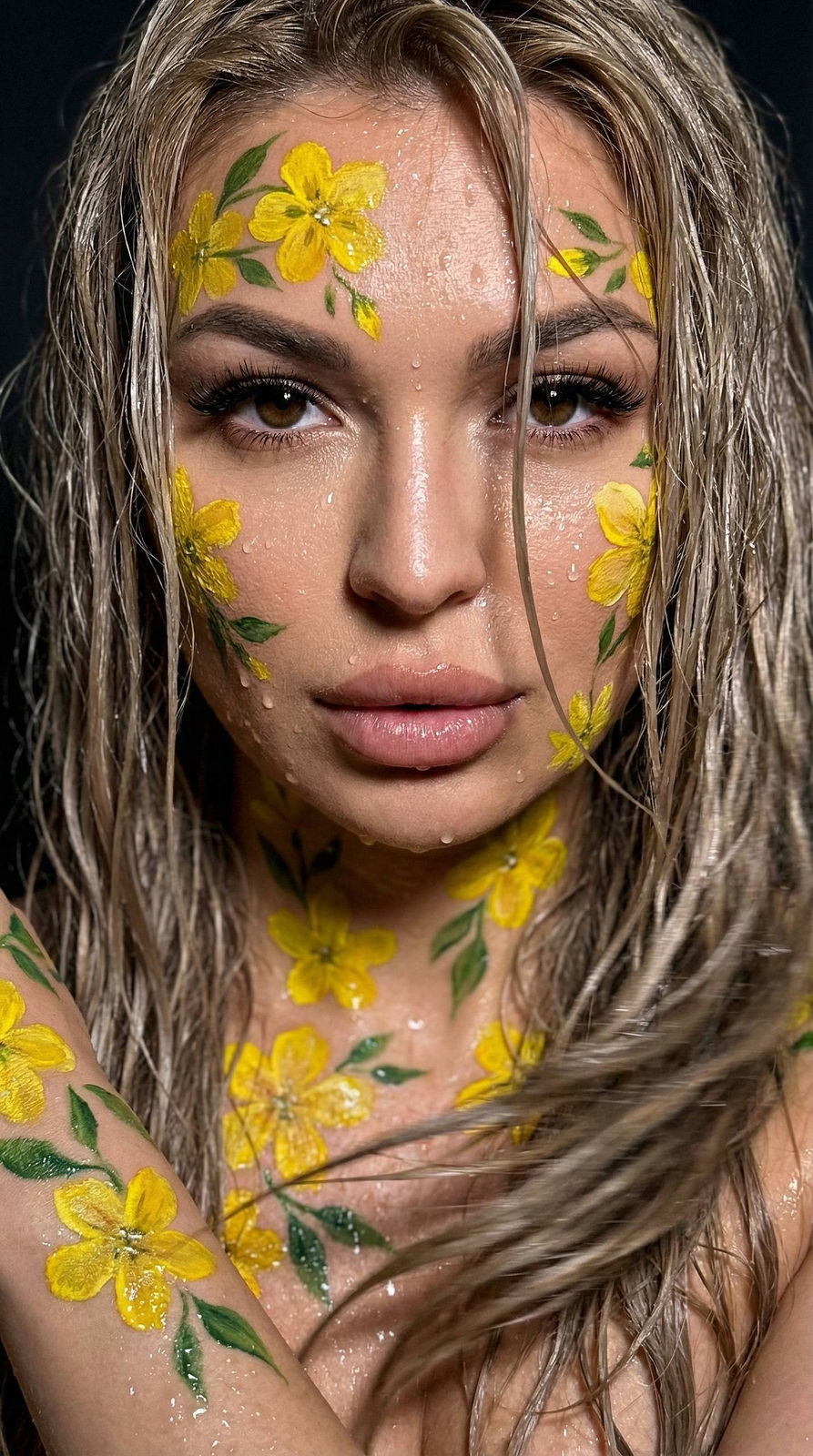 Realistic Woman Face Yellow Flowers Wet Hair