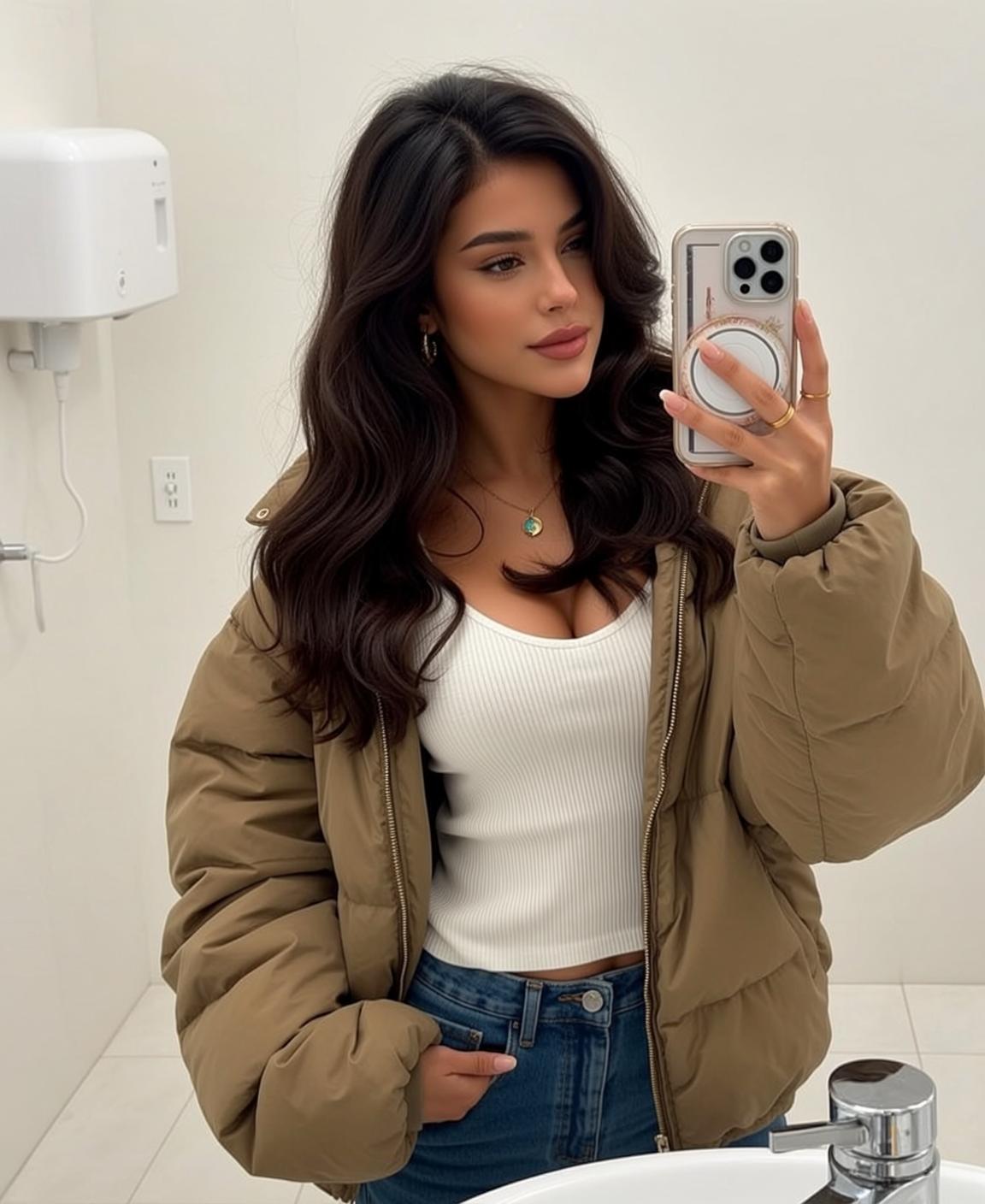 Explore Young Stands Holding Smartphone Her Right reference photo
