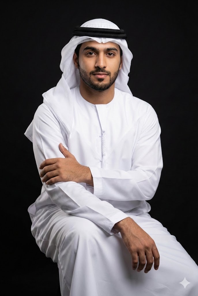 Young Emirati man in pristine white kandura against a black background, showcasing elegance and confidence.