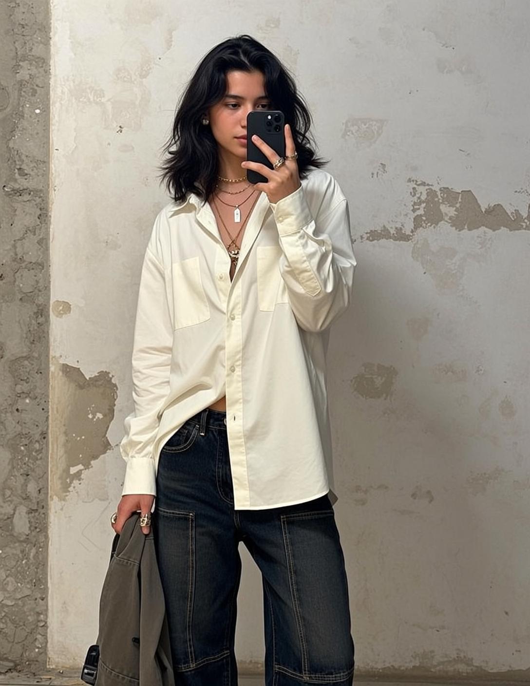 Acubi Stands Facing Holding Smartphone Her Right reference photo